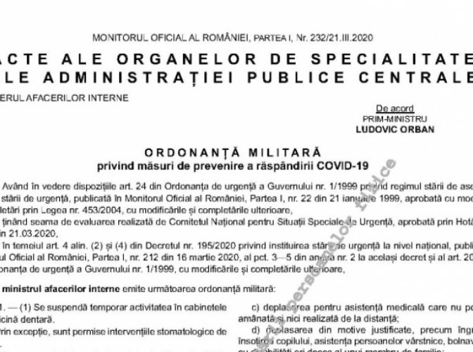 Ordonanţa Militară anunţată sâmbătă seara a fost publicată în Monitorul Oficial. Textul integral al actului normativ